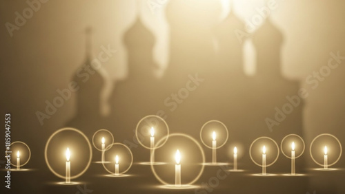 Warm glowing candles in glass spheres on stands with soft focus mosque silhouette background