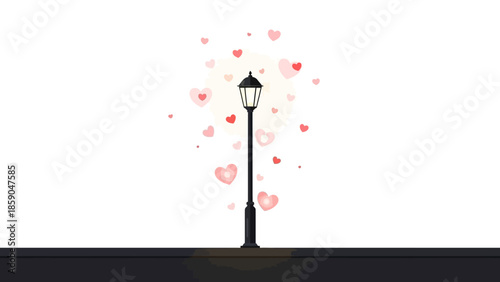 A whimsical illustration of a lamppost with floating hearts, symbolizing love and romance