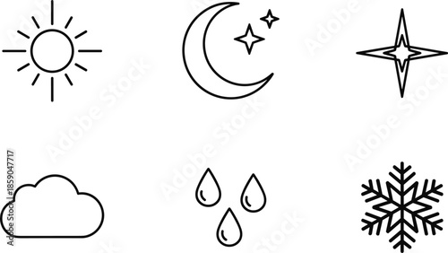 Outline Vector Icon Set Featuring Essential Weather Symbols Celestial Moon and Sun Indicators Raindrops and Winter Snowflake Elements
