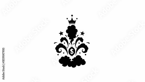 Stylized illustration of a bursting dollar sign with a crown and stars, symbolizing wealth and success.