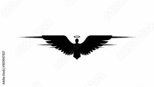 Mysterious dark angel silhouette with glowing halo and ethereal wings