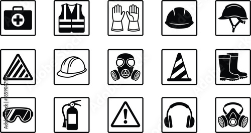 Safety equipment icon set, construction industrial PPE symbols, helmet gloves warning protection flat black vector collection