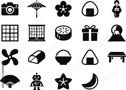 Japanese culture icon set, traditional food travel symbols, sushi kimono landmark flat black vector collection