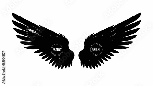 Black silhouette wings with "Patent" stamp, symbolizing protection and innovation.