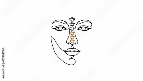 Minimalist line art of a serene face with chakra symbols adorning the forehead and nose