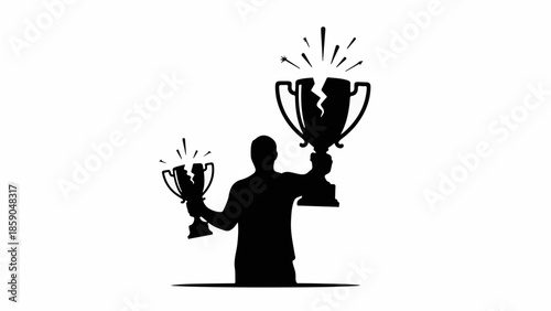 Silhouette of a person holding two trophies, one broken, celebrating victory and disappointment