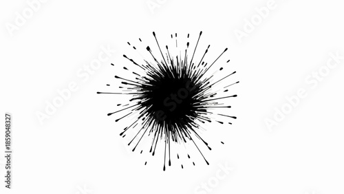 Explosive burst of black ink radiating outwards on a clean white background.