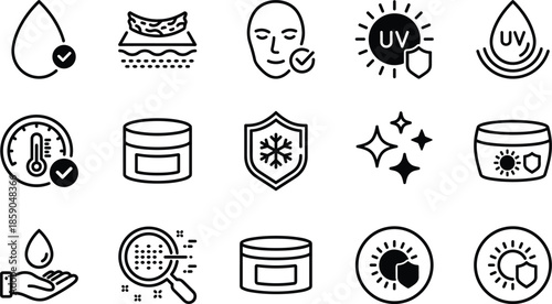 Skincare cosmetic icon set, beauty hygiene UV protection symbols, dermatology moisture care flat black vector collection
