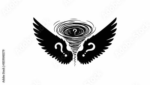 Mysterious swirling vortex with wings and question marks, symbolizing uncertainty and the unknown.