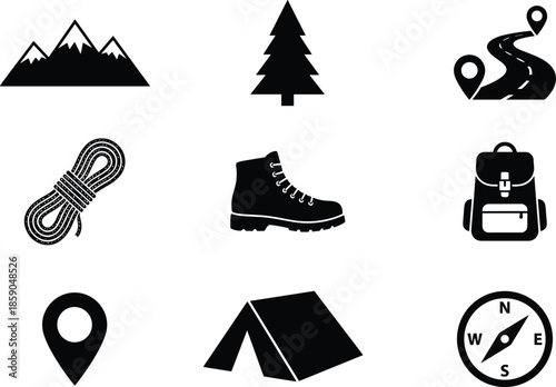 Outdoor hiking camping icon set, adventure travel navigation symbols, mountain forest gear flat black vector collection