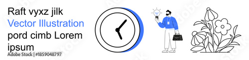 Business growth, innovation, time management, productivity, ideas, planning. A clock, a man holding a bulb in work attire and flowers. Business growth and innovation