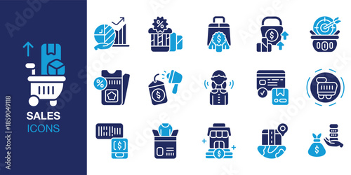 Sales Icon set. Containing client, prospect, lead, pipeline, deal, closing and more. Solid vector icons collection. Vector illustration.