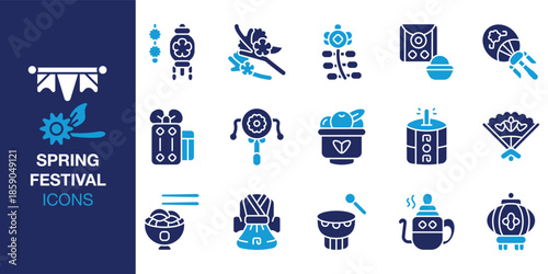 Spring Festival Icon set. Containing flower, blossom, cherry, tulip, parade, carnival and more. Solid vector icons collection. Vector illustration.