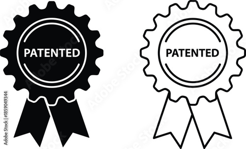 Patented badge vector illustration, black and white ribbon seal design, intellectual property protection icon, certification emblem, trademark symbol, legal rights graphic