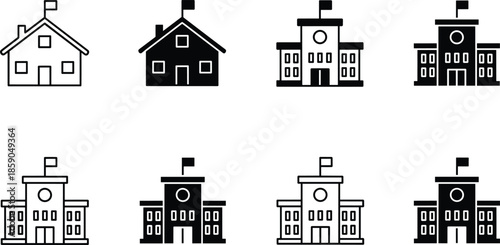 Solid and Outline Vector Icon Set Featuring Primary School Buildings University Infrastructure Academic Institutions and Educational Facility Symbols