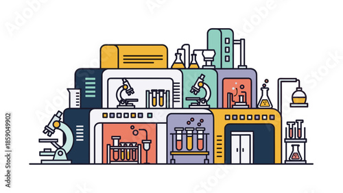 Colorful illustration of a modern laboratory with scientific equipment.