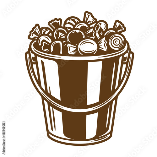 Vintage Brown illustration of a bucket filled with assorted candies on white background