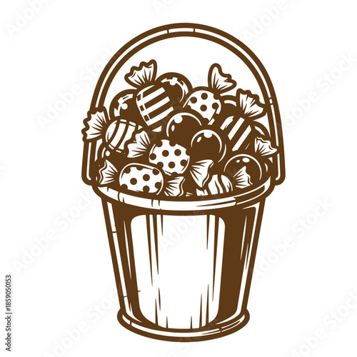 Vintage Brown illustration of a bucket filled with assorted candies  sweets and treats