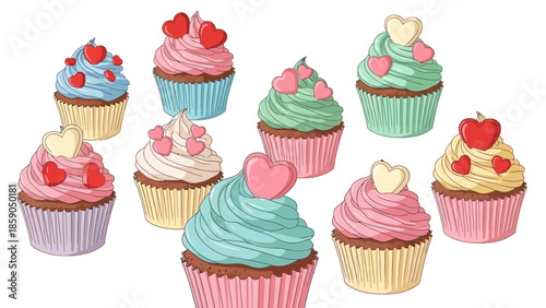 Delicious Valentine's Day Cupcakes with Heart Decorations on a White Background for Celebrations