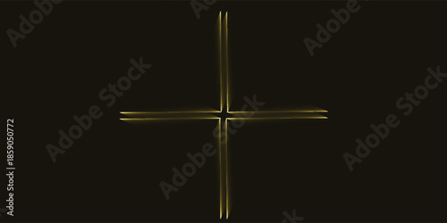 Golden glowing cross symbol on a dark black background, abstract light art.