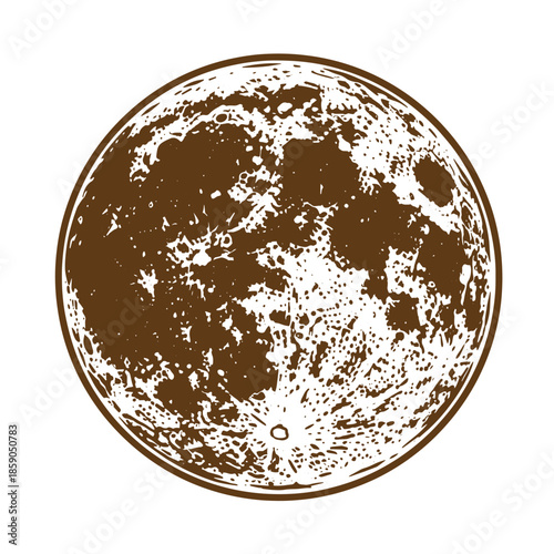 Vintage Brown moon illustration with grunge texture and circular outline