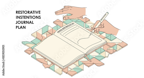 An illustrated hand writes in a journal titled 'Restorative Intentions Journal Plan' on a pastel geometric background, symbolizing personal growth and mindful planning.