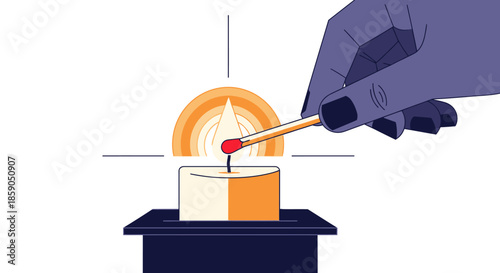 A hand carefully ignites a small, stylized candle with a burning match, creating a warm, glowing flame in a minimalist illustration.