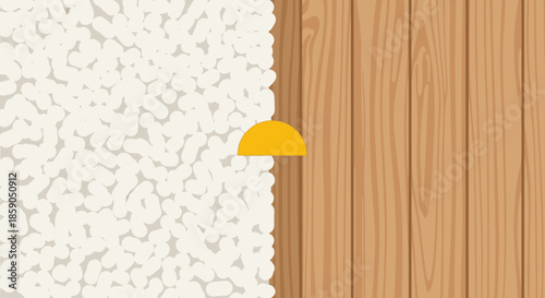 An animated overhead view captures a yellow scoop gracefully serving fluffy white rice onto a rustic wooden table, highlighting healthy meal preparation.