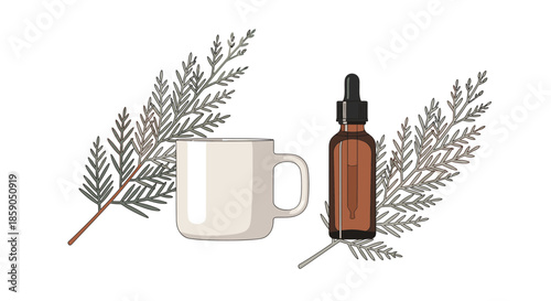 A serene illustration featuring a cozy white mug, an amber dropper bottle, and fresh evergreen branches, evoking natural wellness and herbal remedies.