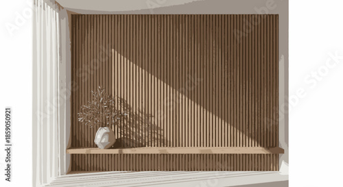 Modern interior with slatted wood wall, minimalist shelf, and decorative plant with sunlight and shadows