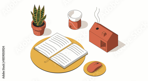 Cozy home office setup with an open book, potted plant, mouse, and a house-shaped diffuser