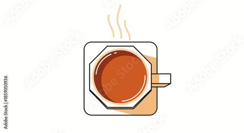 Top view of a steaming cup of hot tea or coffee on a saucer, simple flat design illustration