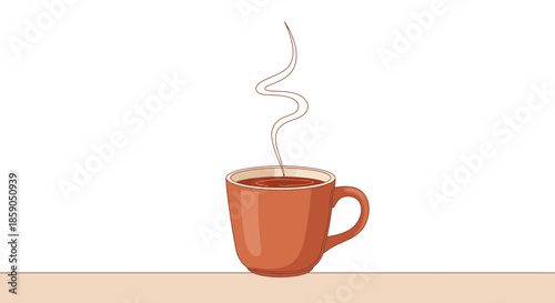 Hot steaming cup of coffee or tea in a terracotta mug on a light brown surface, isolated on white background.