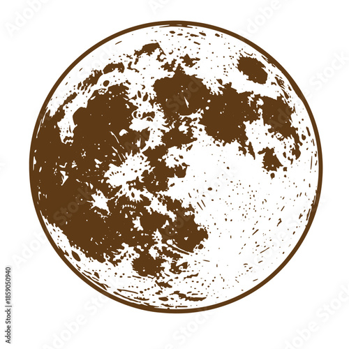 Vintage Brown moon illustration with grunge texture on white background  lunar surface design element