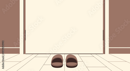 Cozy home interior with a pair of slippers waiting by an open sliding door, inviting comfort and relaxation.