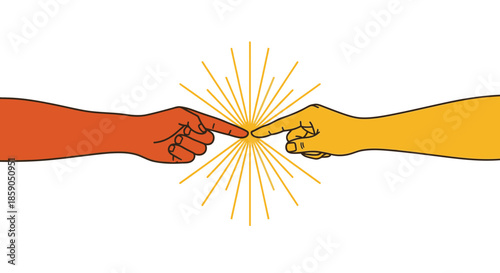 Two hands, one orange and one yellow, reaching out and touching fingertips with a sunburst radiating outwards, symbolizing connection and unity.