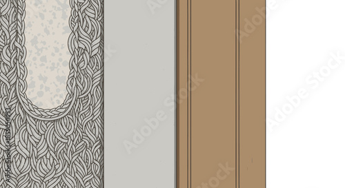 Close-up of intricate woven pattern on fabric with textured background and wooden panel detail