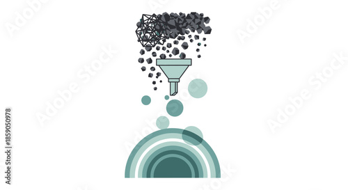 Abstract illustration of data filtering process with funnel and circles, symbolizing information processing and analysis