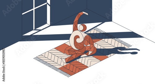 Abstract illustration of a person doing yoga in a sunlit room, emphasizing balance and mindfulness.