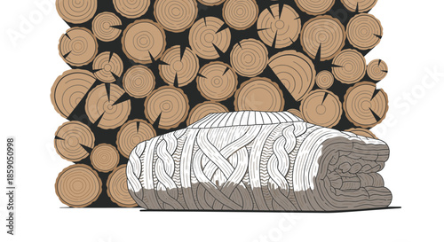 A cozy, folded cable knit sweater rests invitingly against a rustic stack of firewood logs, symbolizing warmth and comfort for a chilly season.