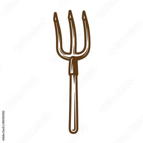 Vintage Brown pitchfork illustration with three prongs and long handle on white background