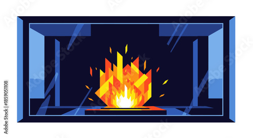 A vibrant, geometric illustration depicts a cozy, modern fireplace with abstract flames providing warmth and a contemporary aesthetic.