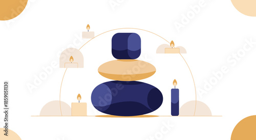 A serene illustration depicts a balanced stack of smooth zen stones surrounded by gently glowing candles, symbolizing peace, meditation, and spiritual tranquility.