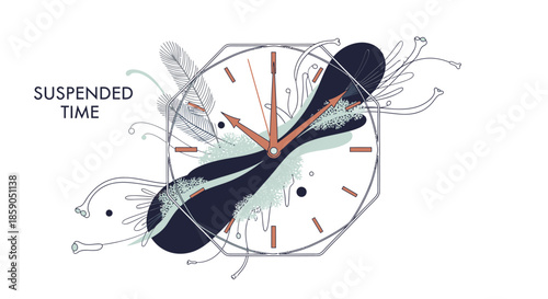 An artistic illustration depicts a clock with elongated, feathery hands and organic elements, symbolizing the concept of suspended or altered time.