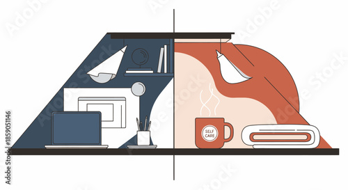 A sleek minimalist illustration visually contrasting a productive home office with a warm, inviting relaxation zone, symbolizing crucial modern work-life balance.
