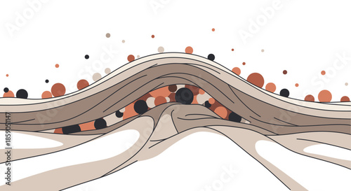 An abstract illustration depicting a microscopic view of particles embedded within wavy, layered beige and brown organic textures, suggesting scientific or biological processes.