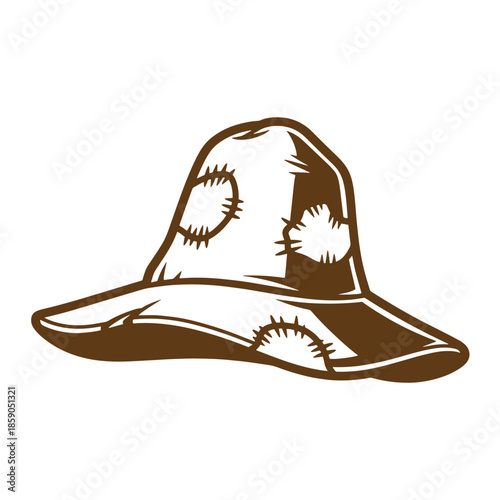 Vintage Brown stitched leather cowboy hat with visible stitching and patches isolated on white background
