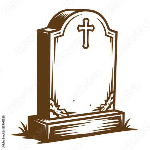 Vintage Brown tombstone with cross on top and grass at base isolated on transparent background