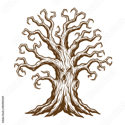 Vintage Brown tree with many branches and a face on trunk isolated on white background