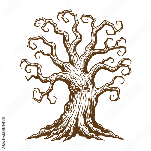 Vintage Brown tree with twisted branches and roots on white background  a wooden plant with many limbs